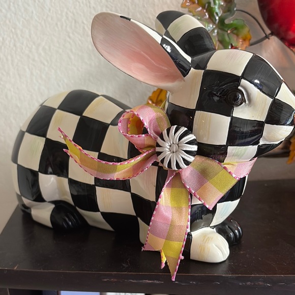 MacKenzie-Childs Checkered Rabbit Figurine with Pink and Yellow Bow